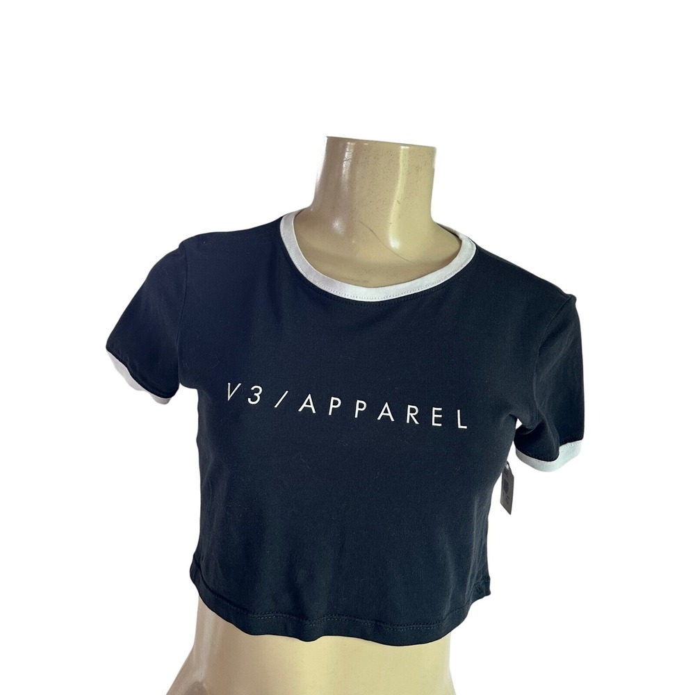 V3 Apparel Crop Top Ringer Tee Lightweight Fit Activewear Black XS